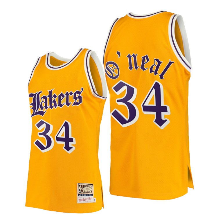 Men's Los Angeles Lakers Shaquille O'Neal #34 NBA Yellow Old English Hardwood Classics Gold Basketball Jersey MSI1783SC